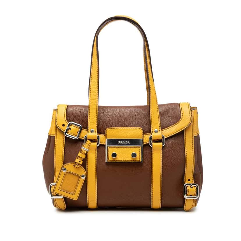 Prada Bicolor Vitello Daino Pushlock Flap Bag Brown Leather Very good condition - Front View