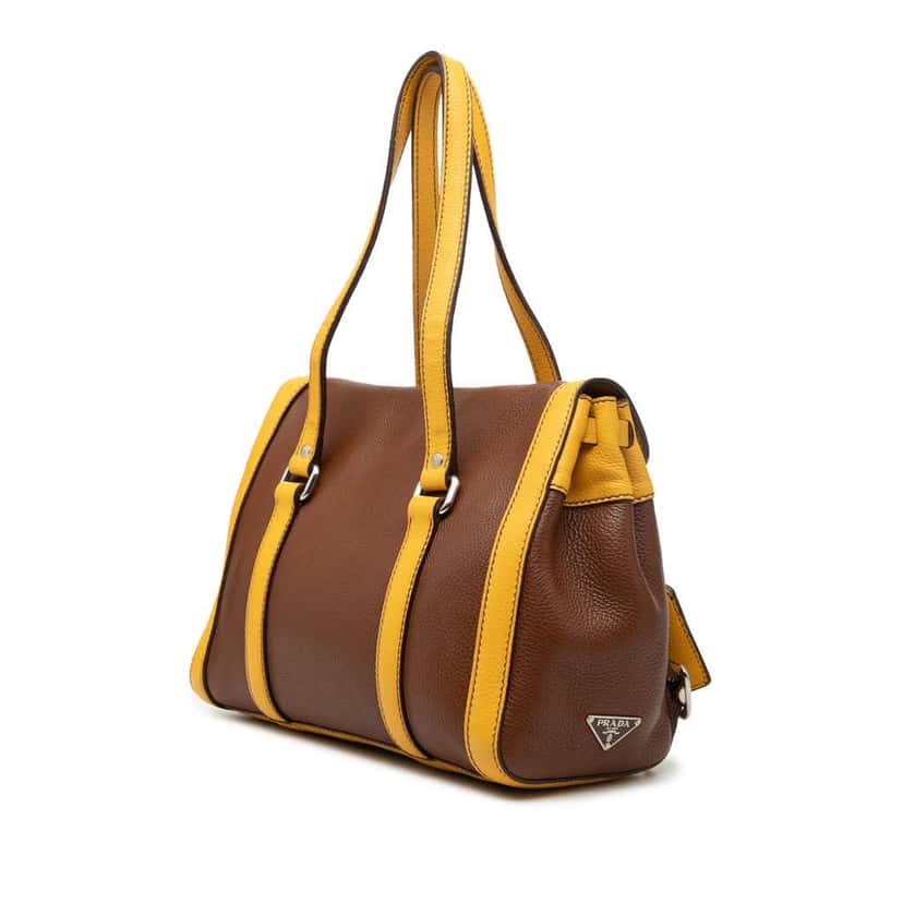 Prada Bicolor Vitello Daino Pushlock Flap Bag Brown Leather Very good condition - Back View