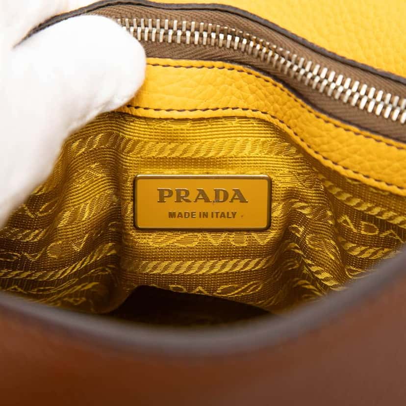 Prada Bicolor Vitello Daino Pushlock Flap Bag Brown Leather Very good condition - Box View