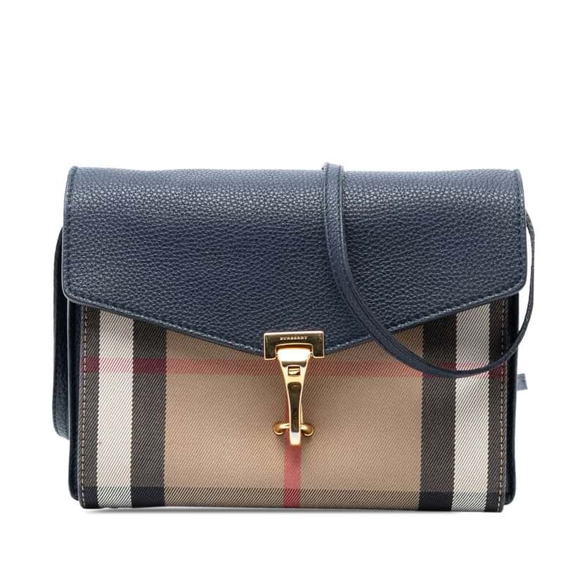 Burberry Small Leather and House Check Canvas Derby Macken Crossbody Blue Canvas Very good condition - Front View