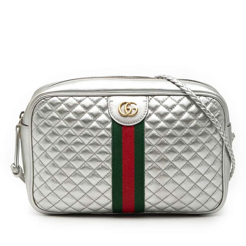 Gucci Small Quilted Metallic Leather Web Trapuntata Crossbody Silver Leather Very good condition - Front View