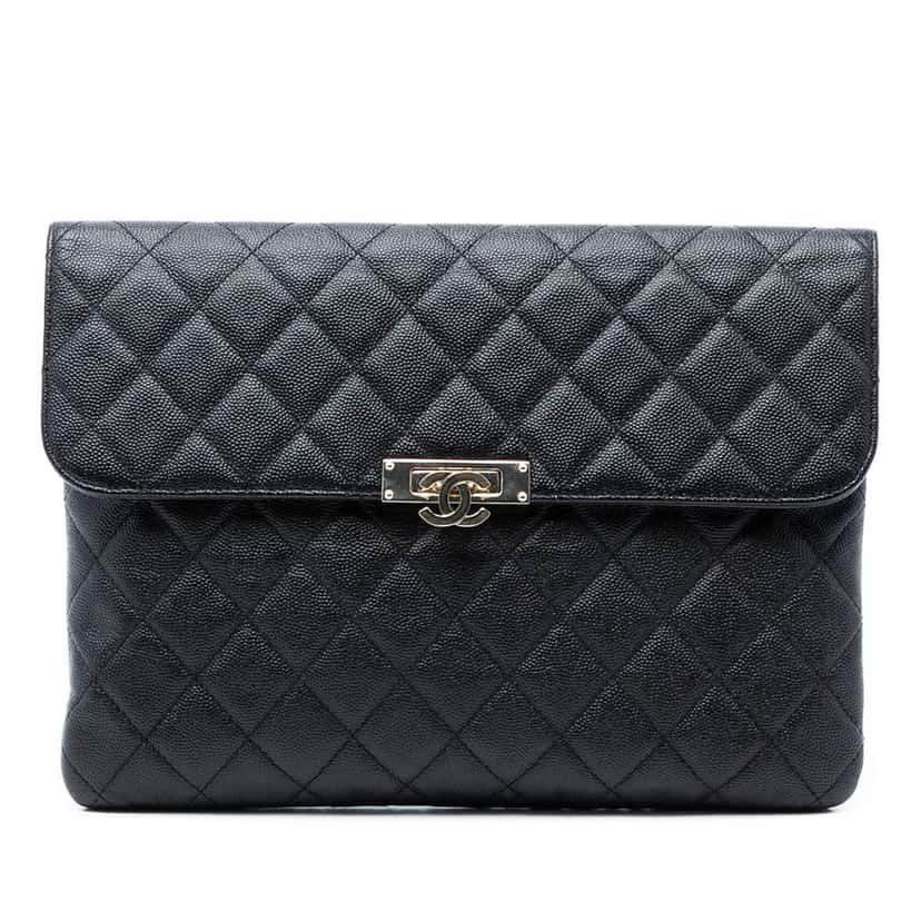 Chanel Medium Quilted Caviar Golden Class O Case Clutch Black Leather Very good condition - Front View