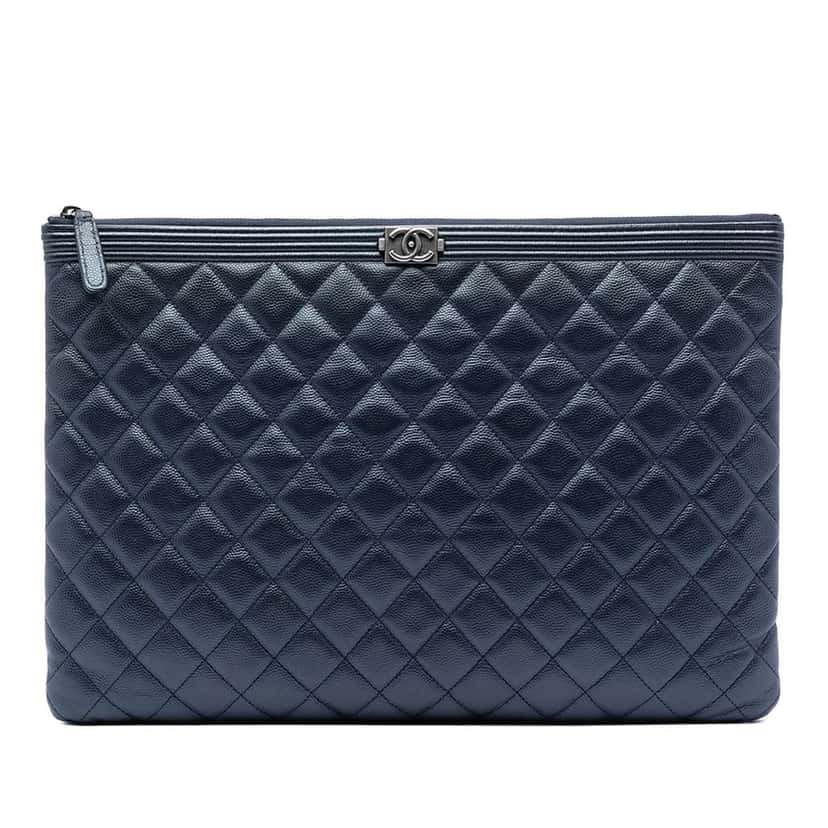 Chanel Large Quilted Caviar Boy O Case Clutch Blue Leather Very good condition - Front View