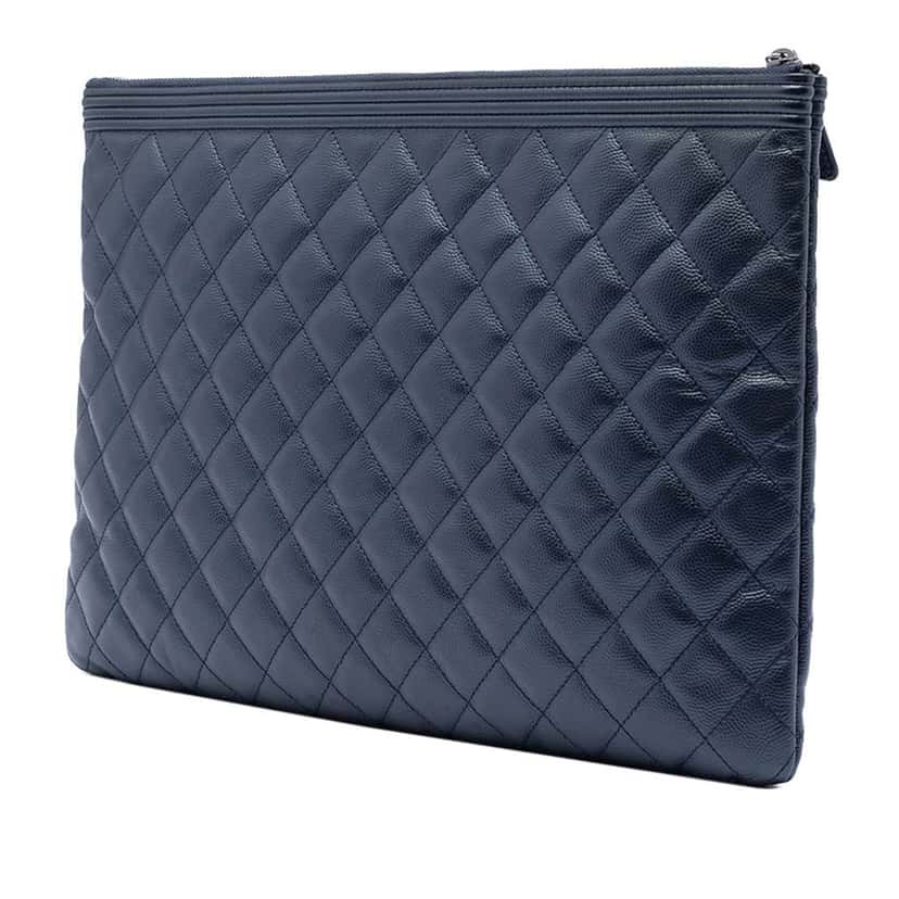 Chanel Large Quilted Caviar Boy O Case Clutch Blue Leather Very good condition - Back View