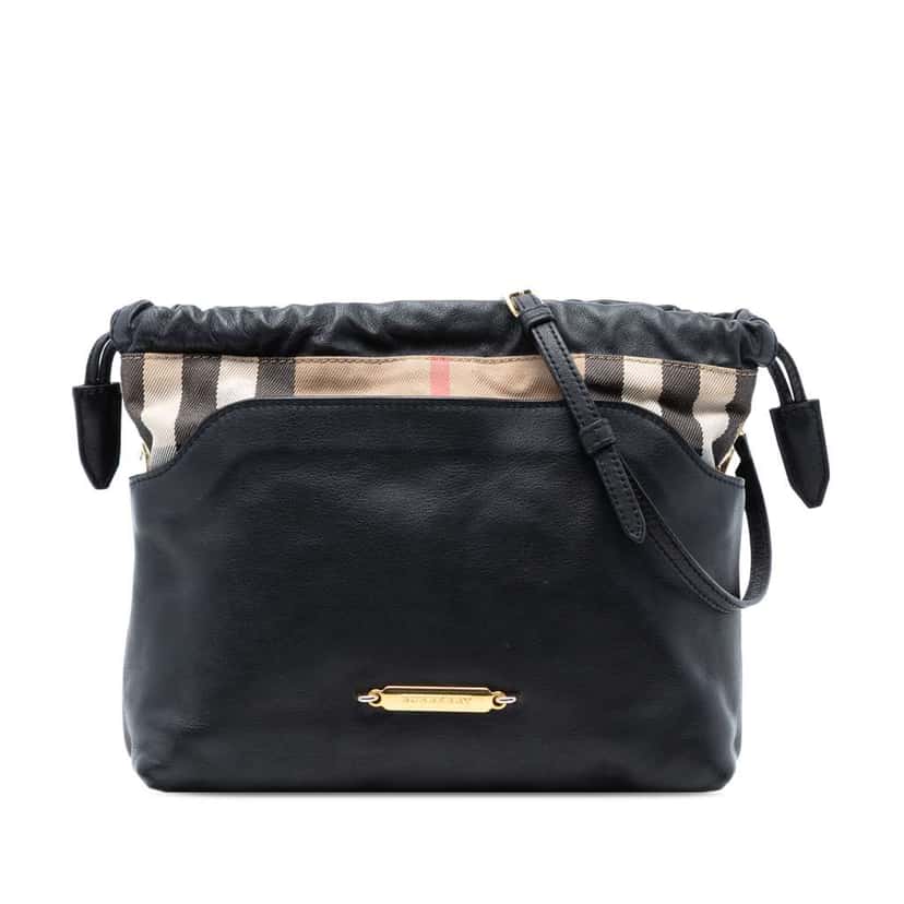 Burberry House Check Canvas and Calfskin Little Crush Crossbody Black Leather Very good condition - Front View