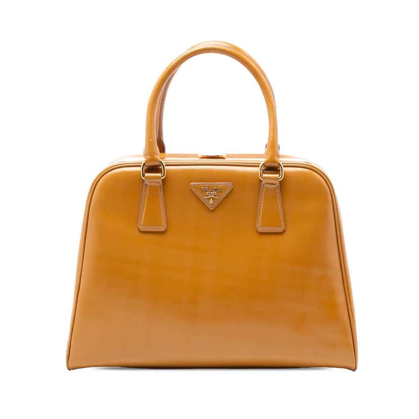 Prada Saffiano Vernice Pyramid Frame Handbag Brown Leather Good condition - Front View