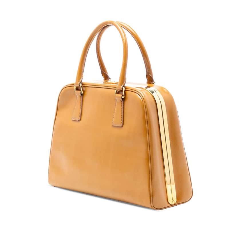 Prada Saffiano Vernice Pyramid Frame Handbag Brown Leather Good condition - Back View