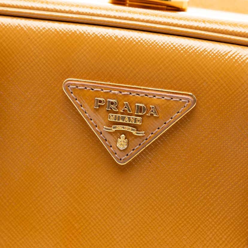 Prada Saffiano Vernice Pyramid Frame Handbag Brown Leather Good condition - Box View