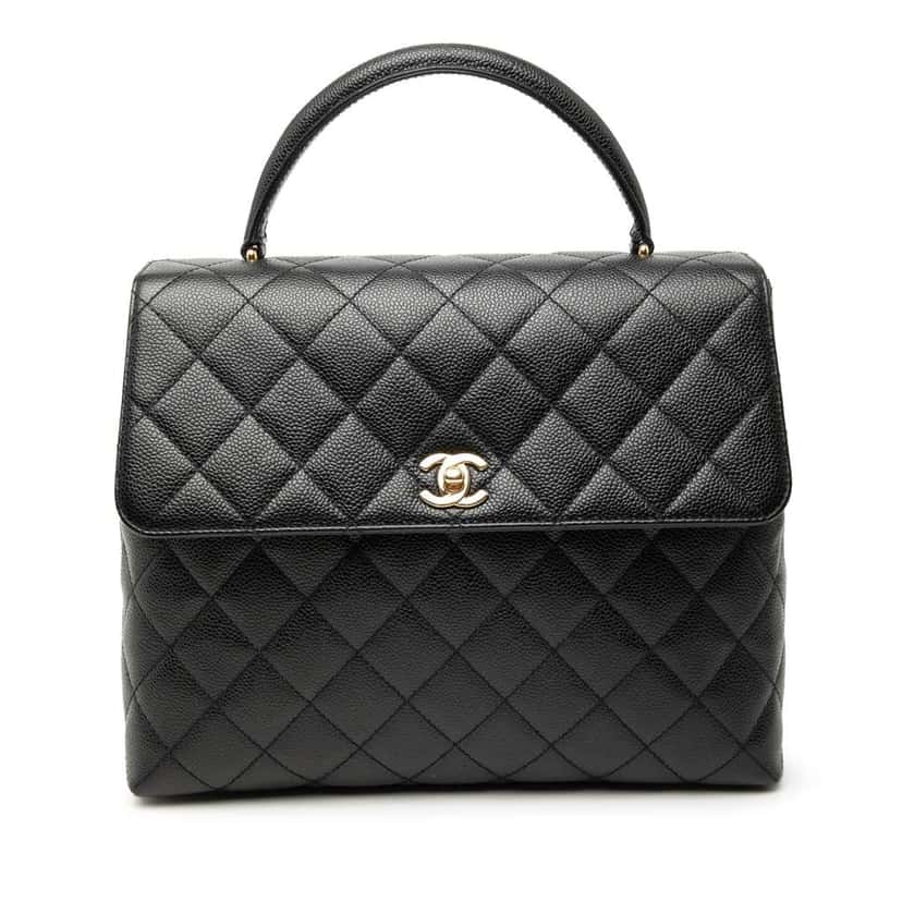 Chanel CC Quilted Caviar Kelly Top Handle Bag Black Leather Very good condition - Front View
