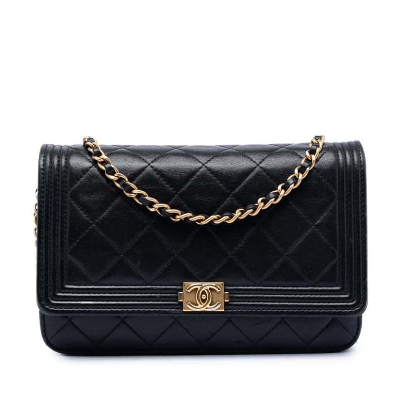 Chanel Quilted Lambskin Boy Wallet On Chain Black Leather Very good condition - Front View