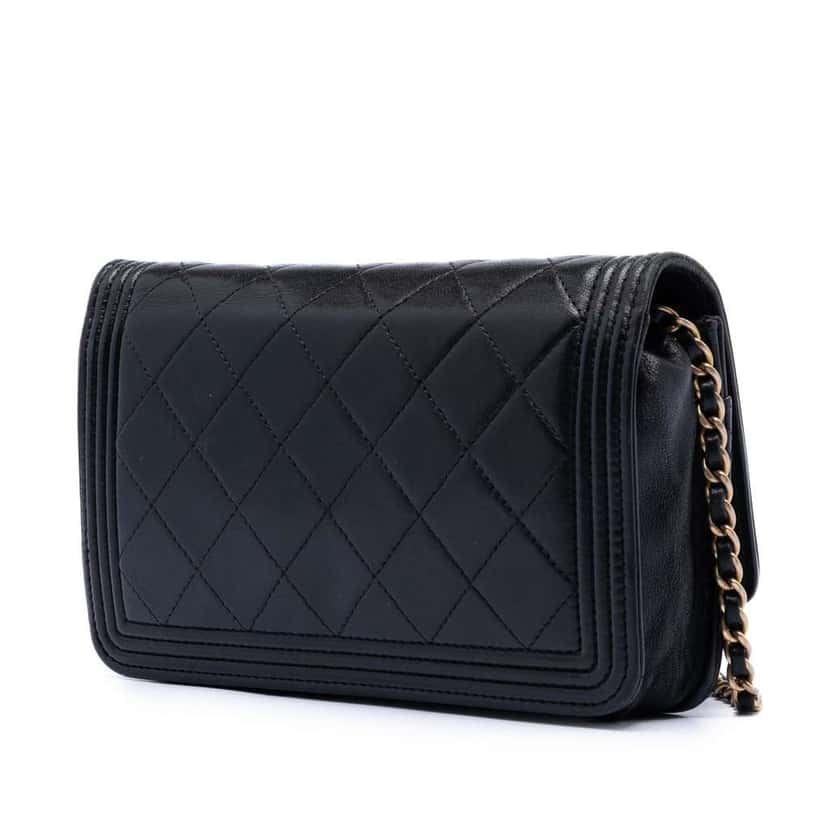 Chanel Quilted Lambskin Boy Wallet On Chain Black Leather Very good condition - Back View