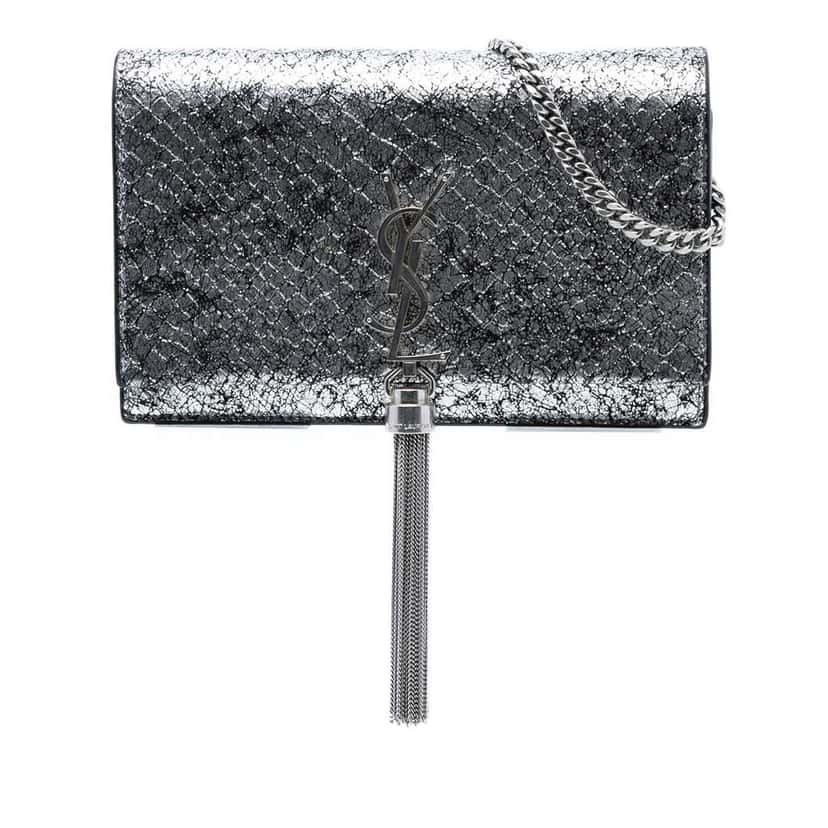 Saint Laurent Python Embossed Metallic Leather Classic Monogram Kate Tassel Wallet on Chain Silver Leather Very good condition - Front View