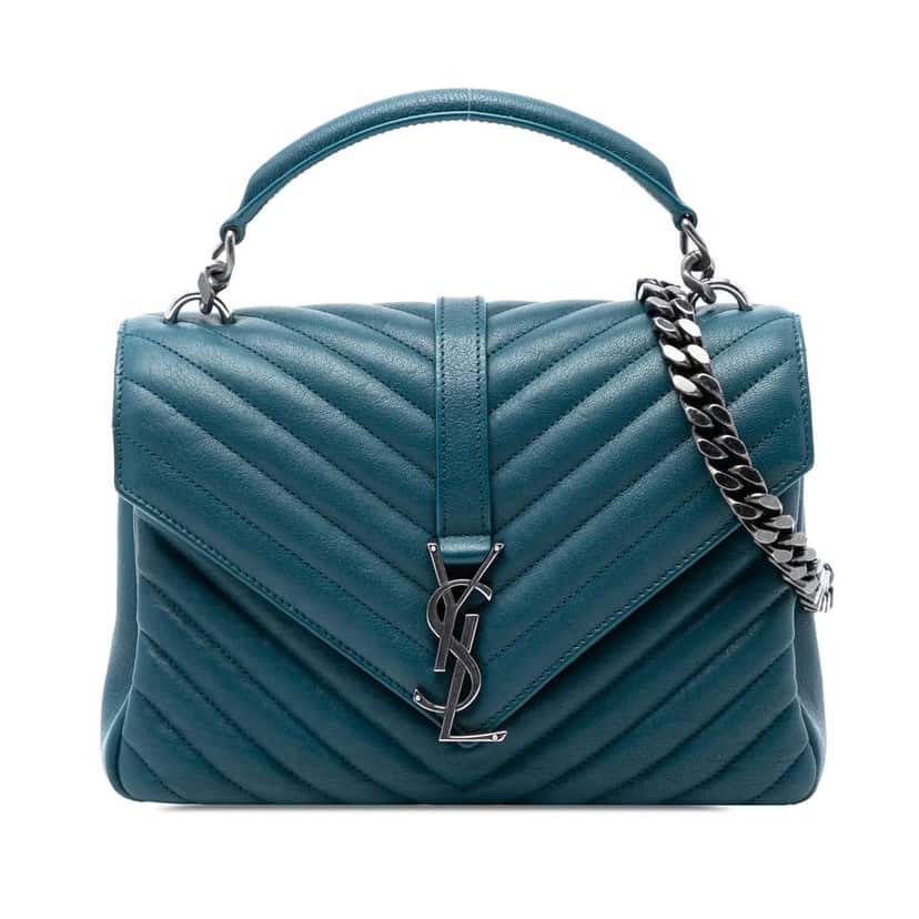 Saint Laurent Medium Quilted Chevron Sheepskin College Satchel Blue Leather Very good condition - Front View