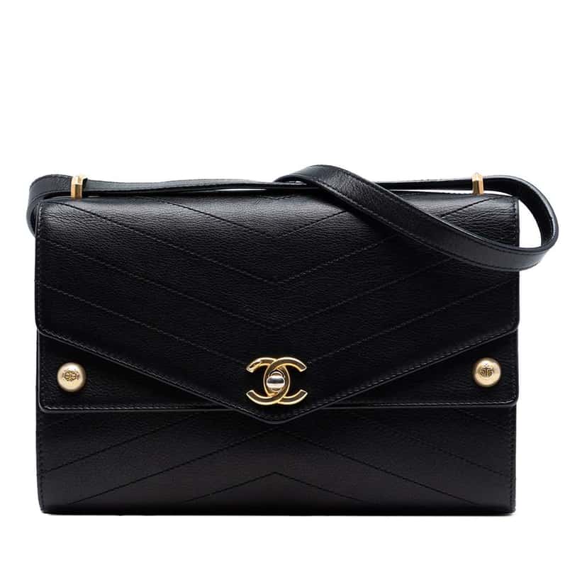 Chanel CC Chevron Calfskin Casual Trip Flap Black Leather Very good condition - Front View