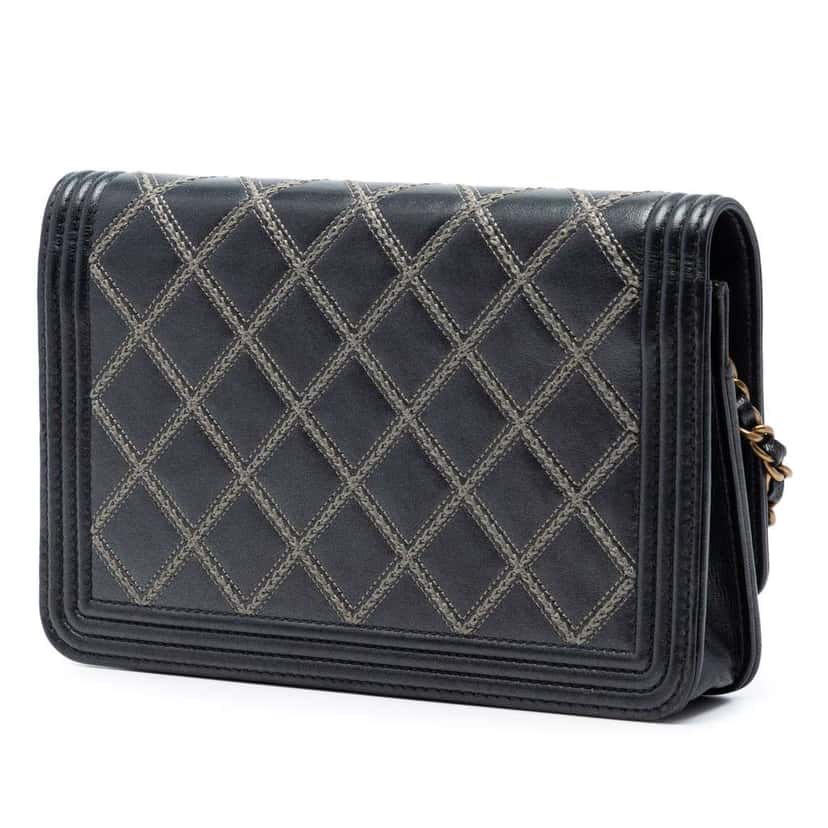 Chanel Quilted Lambskin Double Stitch Boy Wallet On Chain Black Leather Very good condition - Back View