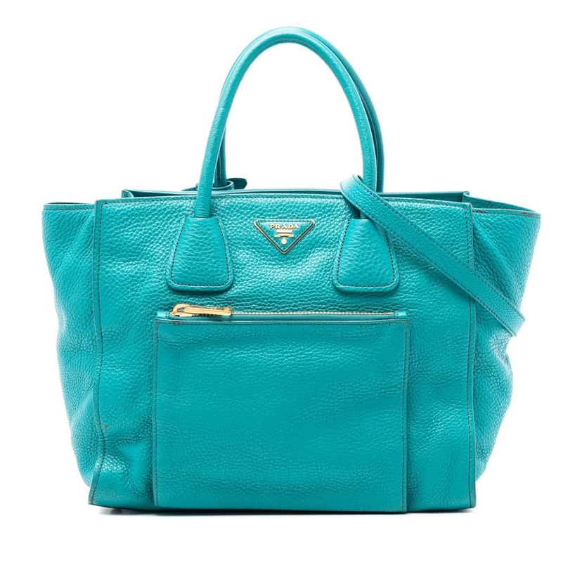 Prada Vitello Daino Front Pocket Open Convertible Tote Blue Leather Very good condition - Front View