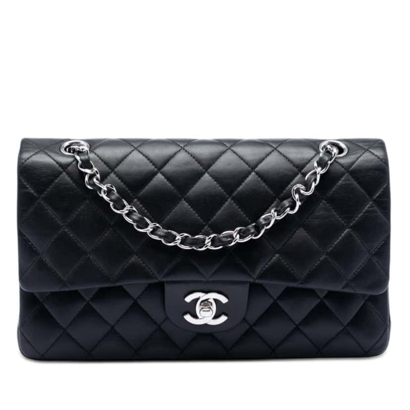 Chanel Medium Classic Lambskin Double Flap Black Leather Very good condition - Front View