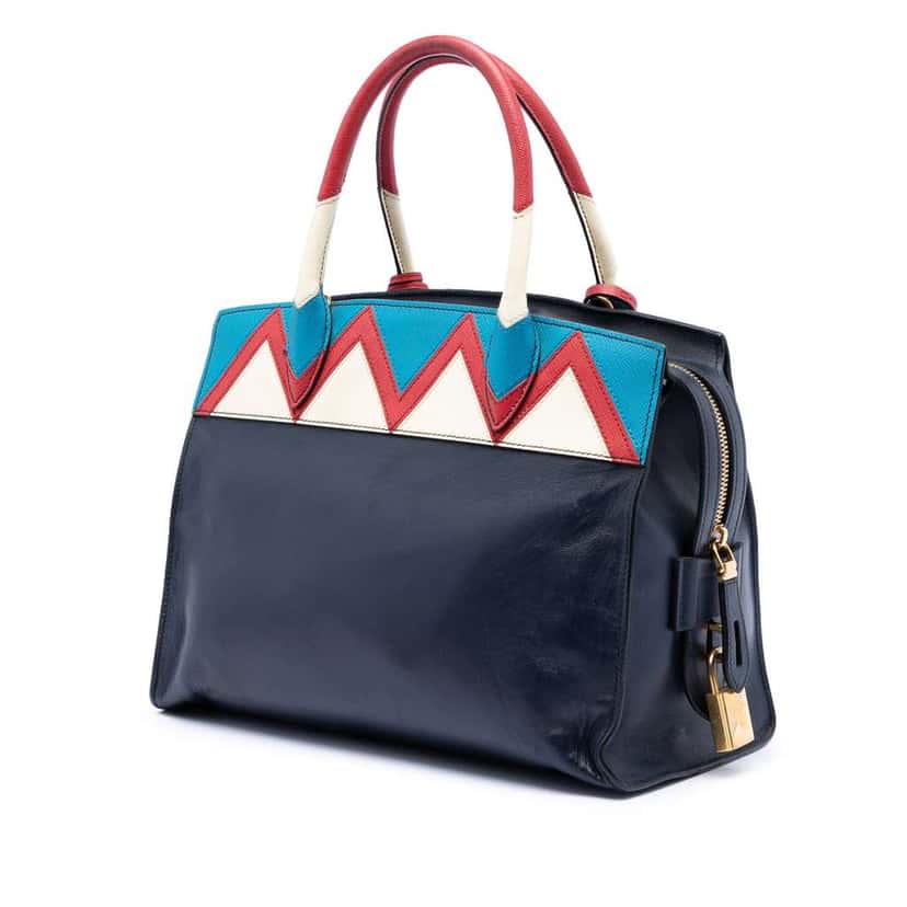 Prada Medium Saffiano Trimmed City Calf Greca Esplanade Satchel Blue Leather Very good condition - Back View