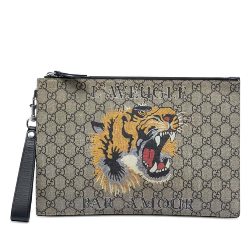 Gucci GG Supreme Tiger Clutch Beige Canvas Very good condition - Front View