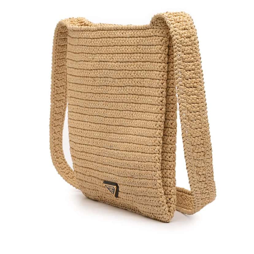 Prada Raffia Effect Crochet Logo Embroidered Crossbody Beige Very good condition - Back View