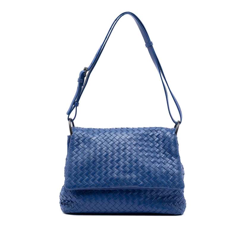 Bottega Veneta Nappa Intrecciato Flap Shoulder Bag Blue Leather Very good condition - Front View