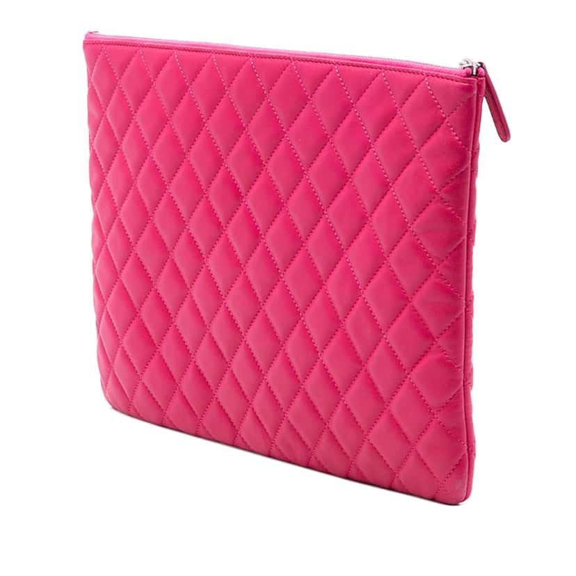 Chanel Large Quilted Lambskin O Case Clutch Pink Leather Very good condition - Back View