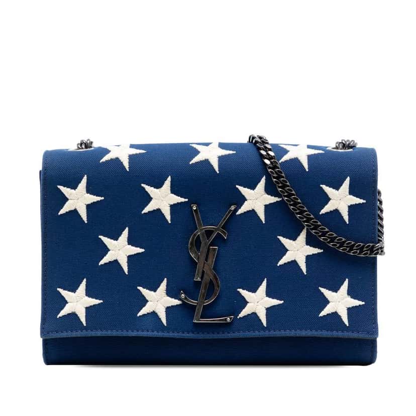 Saint Laurent Small Star Embroidered Canvas Monogram Kate Crossbody Blue Canvas Very good condition - Front View