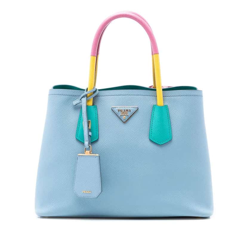 Prada Small Bicolor Saffiano Cuir Double Satchel Blue Leather Very good condition - Front View