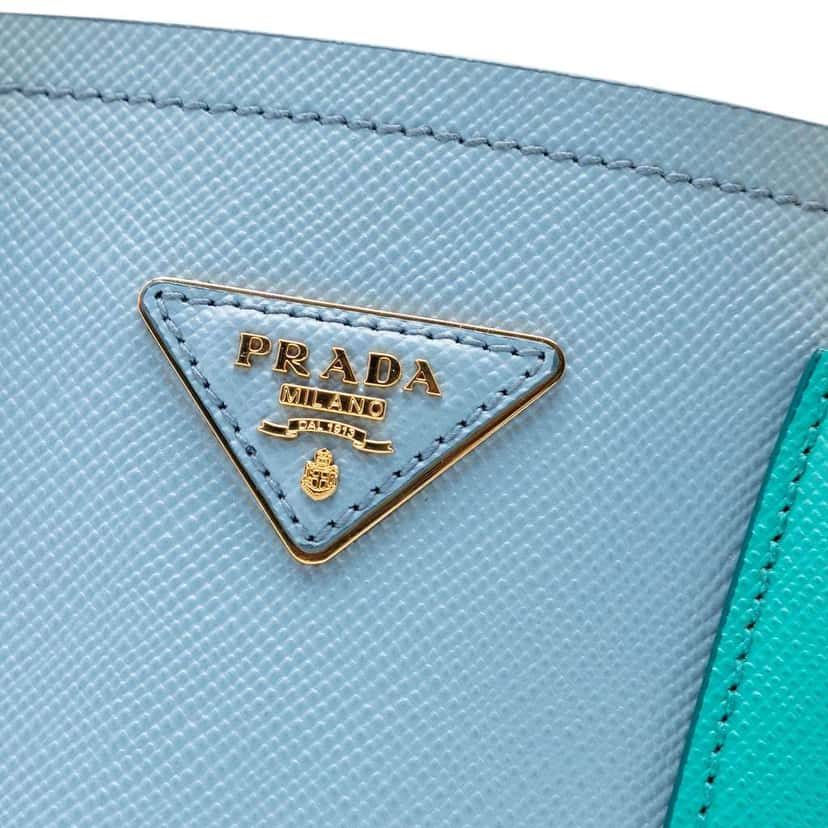 Prada Small Bicolor Saffiano Cuir Double Satchel Blue Leather Very good condition - Box View