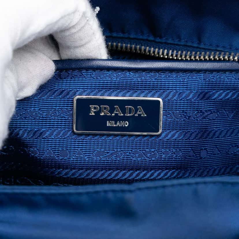 Prada Vitello Trimmed Tessuto Satchel Blue Very good condition - Box View