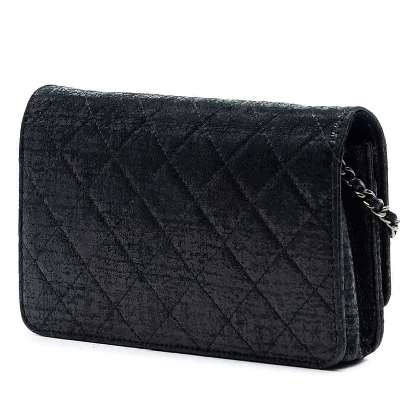 Chanel CC Quilted Crinkled Patent Wallet On Chain Black Leather Very good condition - Back View