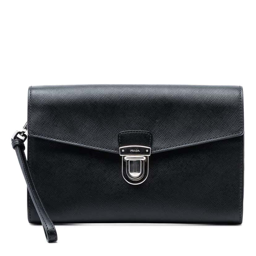 Prada Saffiano Envelope Push Lock Clutch Black Leather Very good condition - Front View