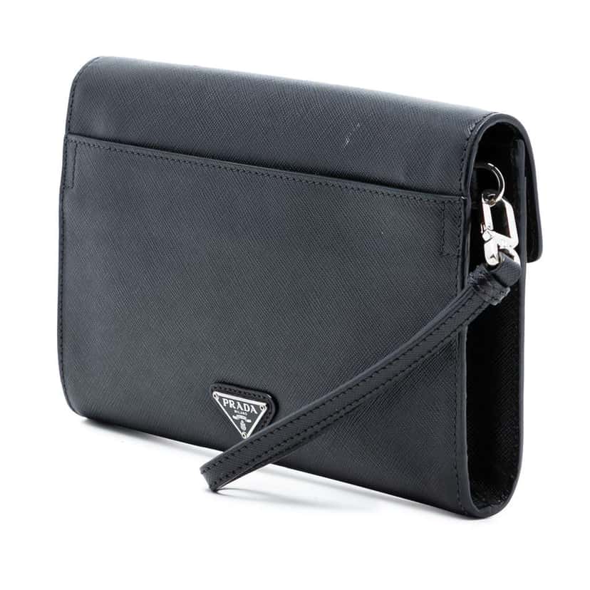 Prada Saffiano Envelope Push Lock Clutch Black Leather Very good condition - Back View
