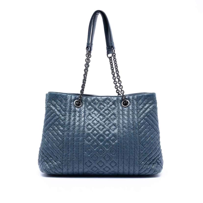 Bottega Veneta Medium Nappa Intrecciato Stitched Double Chain Tote Blue Leather Very good condition - Front View