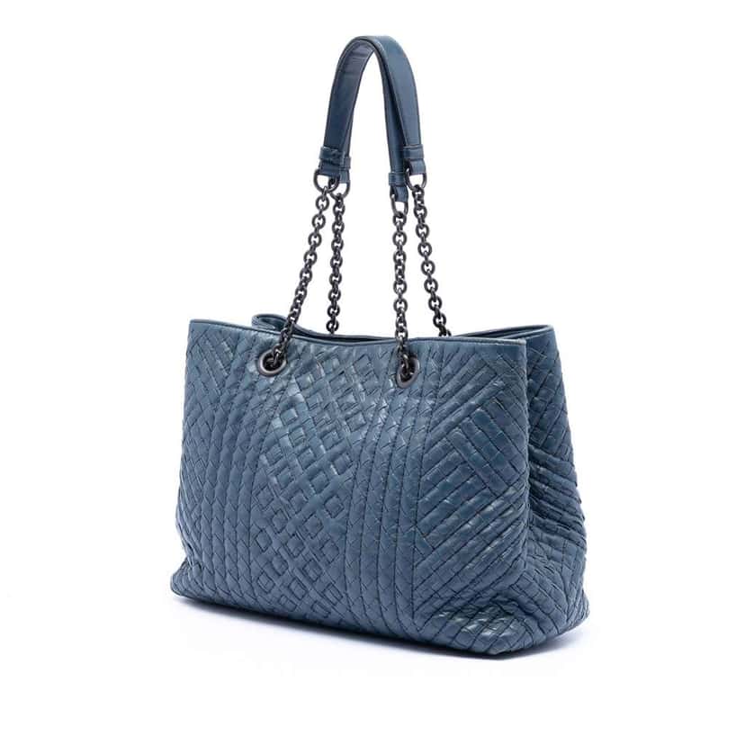 Bottega Veneta Medium Nappa Intrecciato Stitched Double Chain Tote Blue Leather Very good condition - Back View