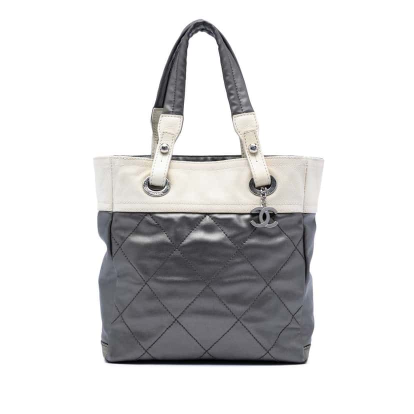Chanel Small Bicolor Quilted Coated Canvas Paris Biarritz Tote Grey Canvas Very good condition - Front View