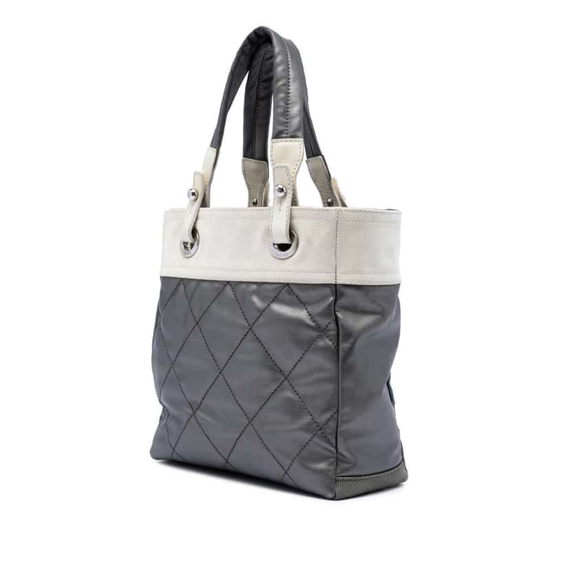 Chanel Small Bicolor Quilted Coated Canvas Paris Biarritz Tote Grey Canvas Very good condition - Back View