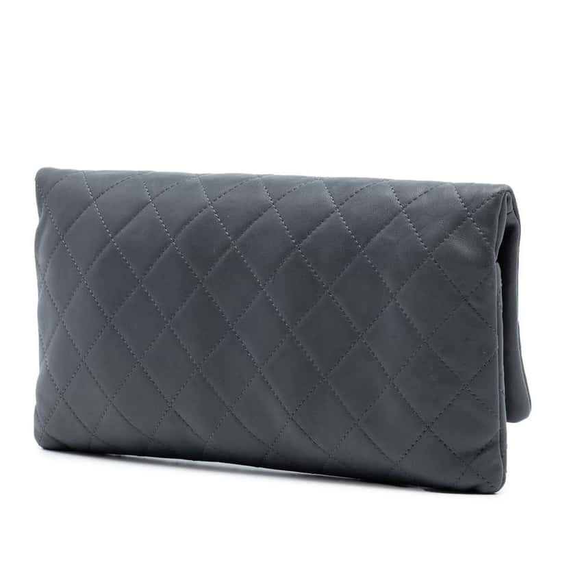 Chanel CC Quilted Lambskin Foldover Clutch Grey Leather Very good condition - Back View