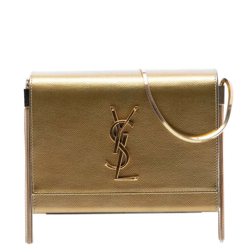Saint Laurent Small Metallic Grain de Poudre Monogram Kate Box Chain Crossbody Gold Leather Very good condition - Front View