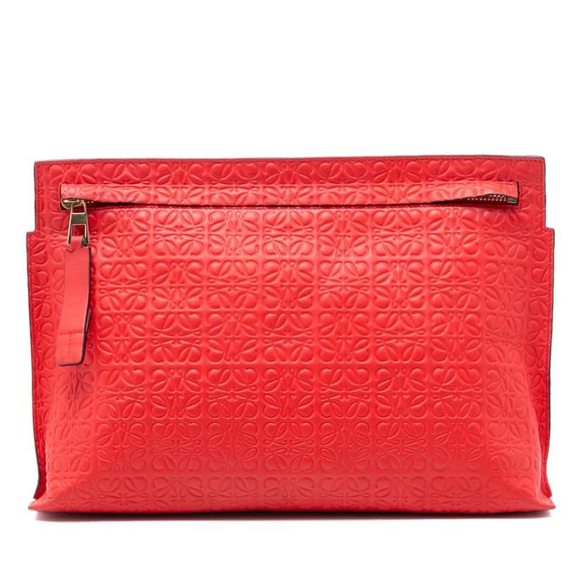 Loewe Embossed Anagram Leather Repeat T Clutch Red Leather Very good condition - Front View