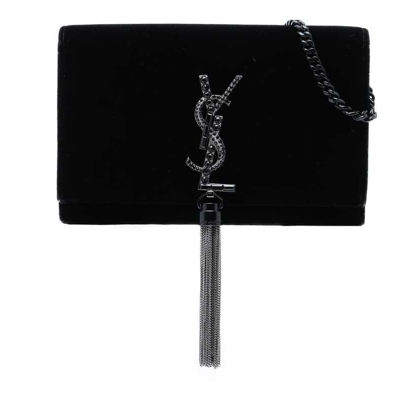 Saint Laurent Velvet Crystal Monogram Kate Tassel Wallet on Chain Black Velvet Very good condition - Front View