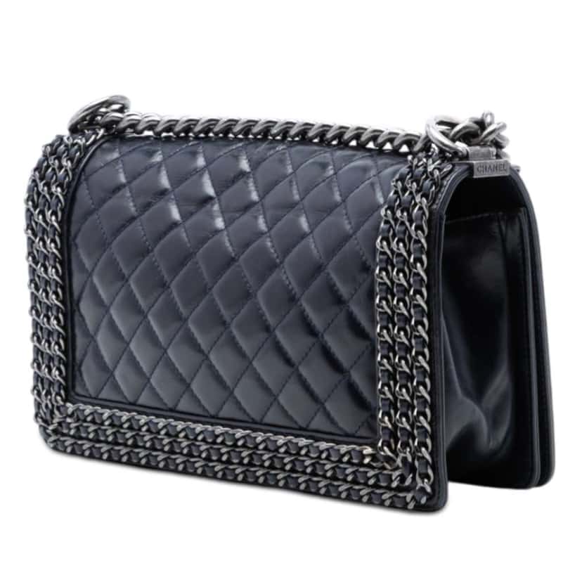 Chanel Old Medium Quilted Glazed Calfskin Chain Around Boy Flap Blue Leather Very good condition - Back View