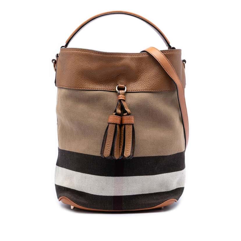 Burberry Medium Mega Check Canvas and Grained Calfskin Ashby Tassel Bucket Bag Brown Canvas Very good condition - Front View