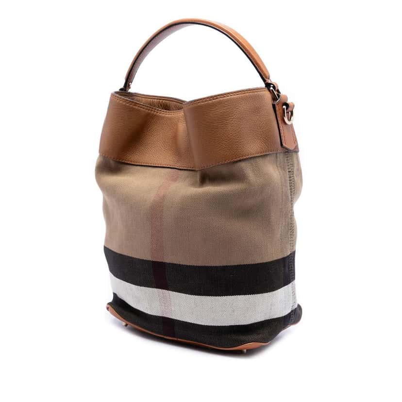 Burberry Medium Mega Check Canvas and Grained Calfskin Ashby Tassel Bucket Bag Brown Canvas Very good condition - Back View
