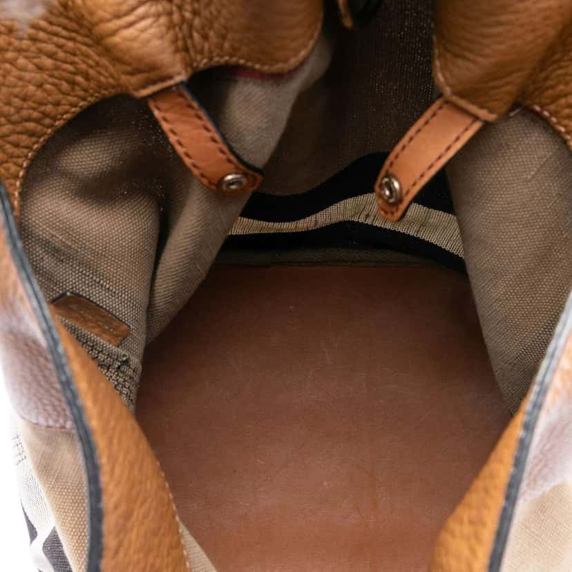 Burberry Medium Mega Check Canvas and Grained Calfskin Ashby Tassel Bucket Bag Brown Canvas Very good condition - Model View