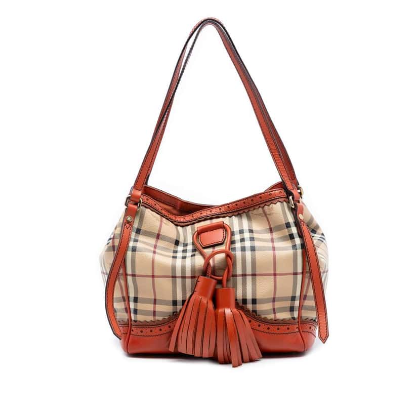 Burberry Small Haymarket Check Coated Canvas Brogue Tassel Tote Beige Very good condition - Front View