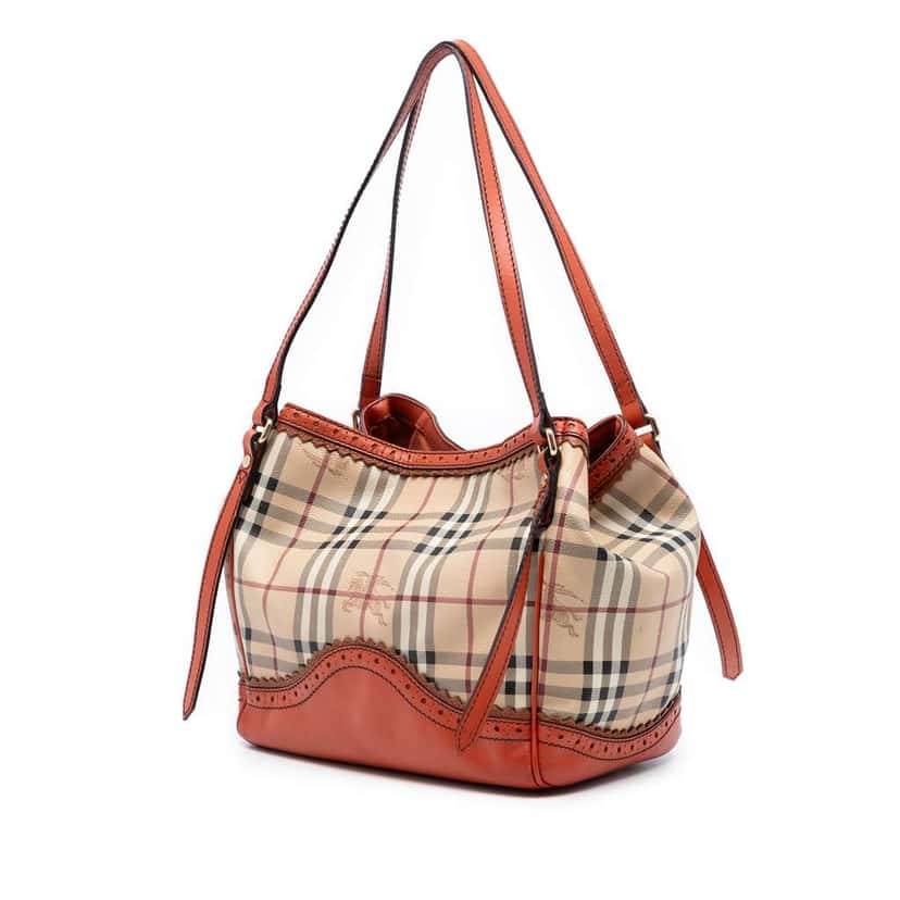 Burberry Small Haymarket Check Coated Canvas Brogue Tassel Tote Beige Very good condition - Back View