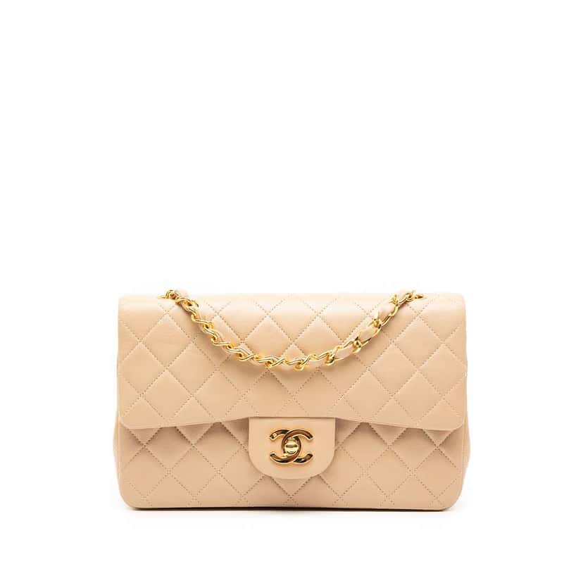 Chanel Small Classic Lambskin Double Flap Beige Leather Very good condition - Front View