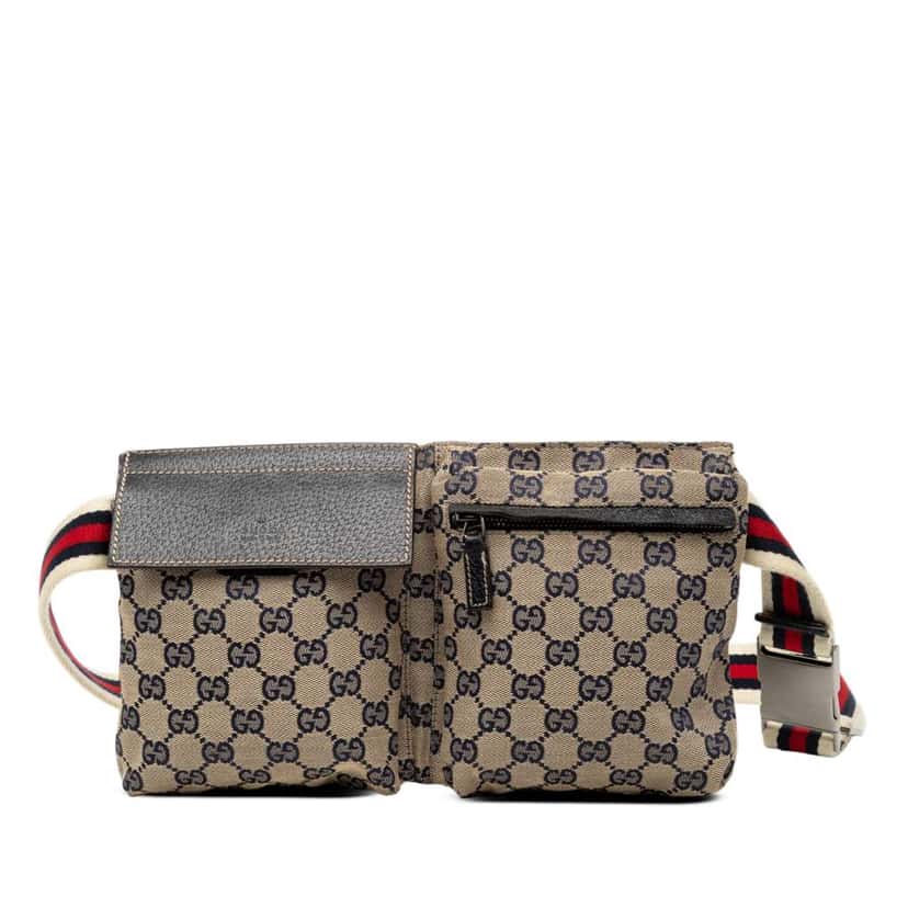 Gucci GG Canvas Web Double Pocket Belt Bag Beige Very good condition - Front View