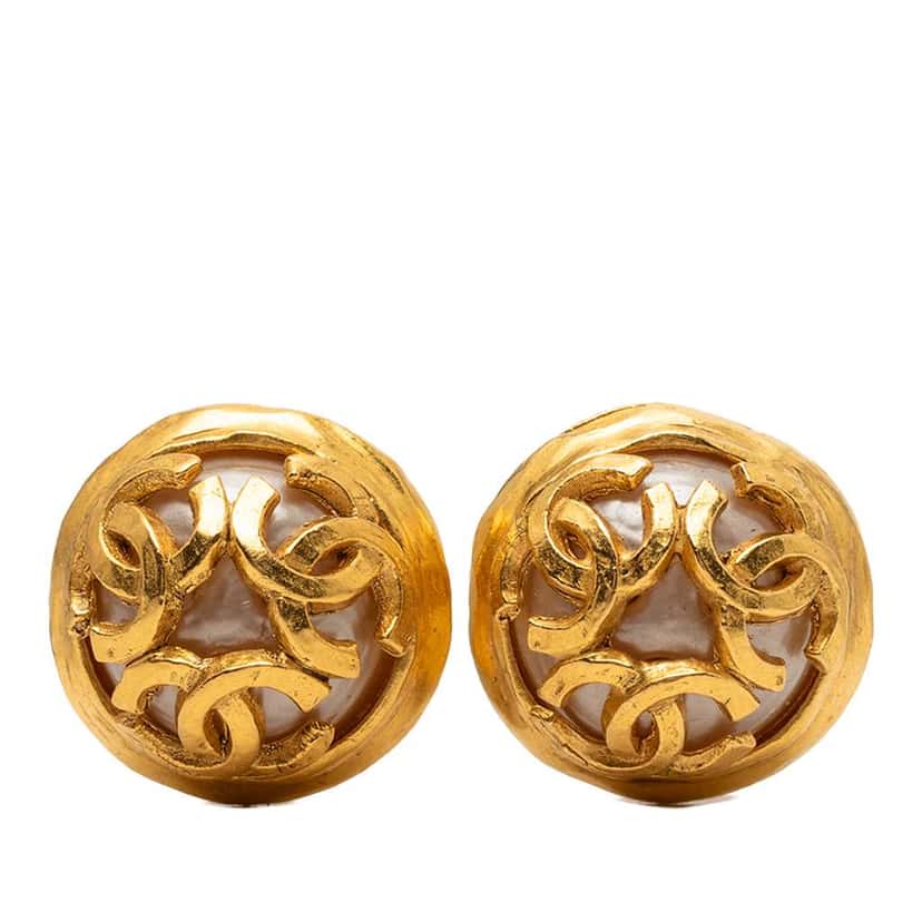 Chanel CC Gold Plated Faux Pearl Clip On Earrings Gold Metal Very good condition - Front View
